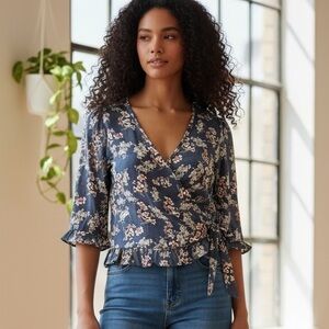 Sienna Sky Floral Wrap Blouse M |‎ Blue Ruffle Sleeve Tie Waist Peplum Top